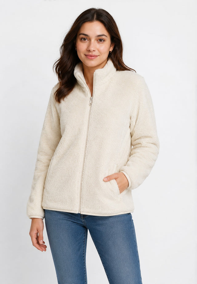 Women's Soft Cream Fur Fleece Full-Zip Jacket with High Neck & Side Pockets