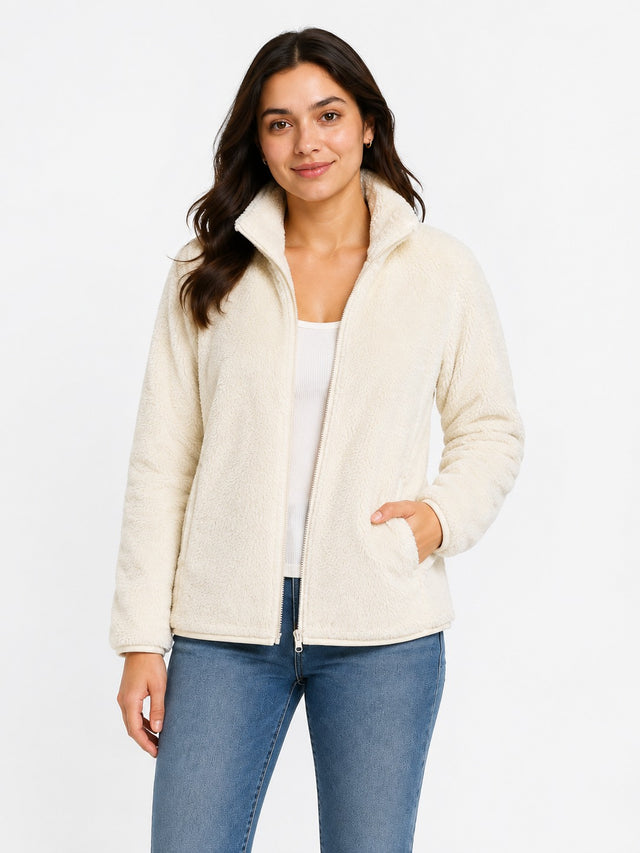 Women's Soft Cream Fur Fleece Full-Zip Jacket with High Neck & Side Pockets