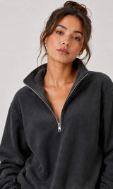 BodyComfy Women’s Polar Fleece deep grey Half-Zip Sweatshirt & Wide-Leg Jogger Set