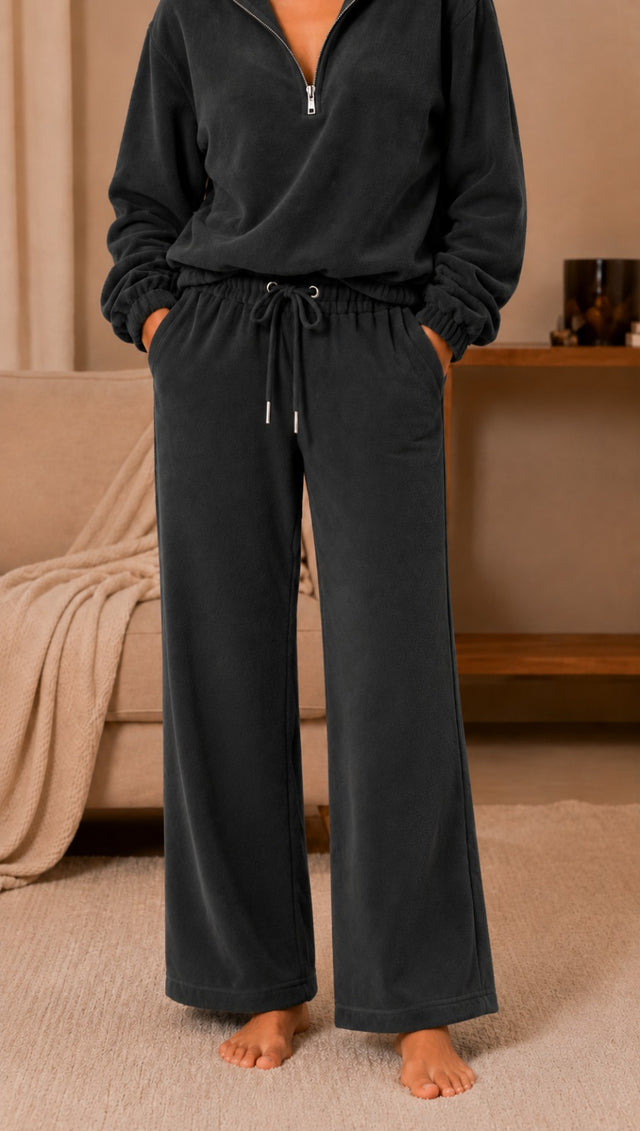BodyComfy Women’s Polar Fleece deep grey Half-Zip Sweatshirt & Wide-Leg Jogger Set