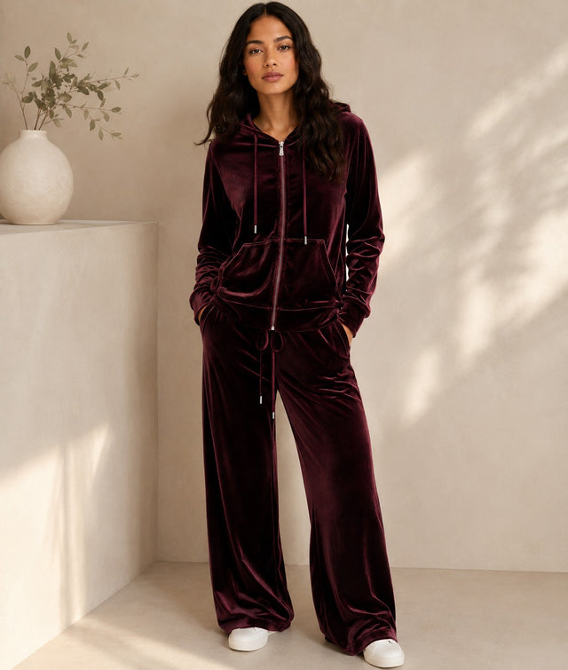 BodyComfy Women’s Velour Hooded Zip-Up Co-Ord Set with Kangaroo Pockets & Wide-Leg Bottoms