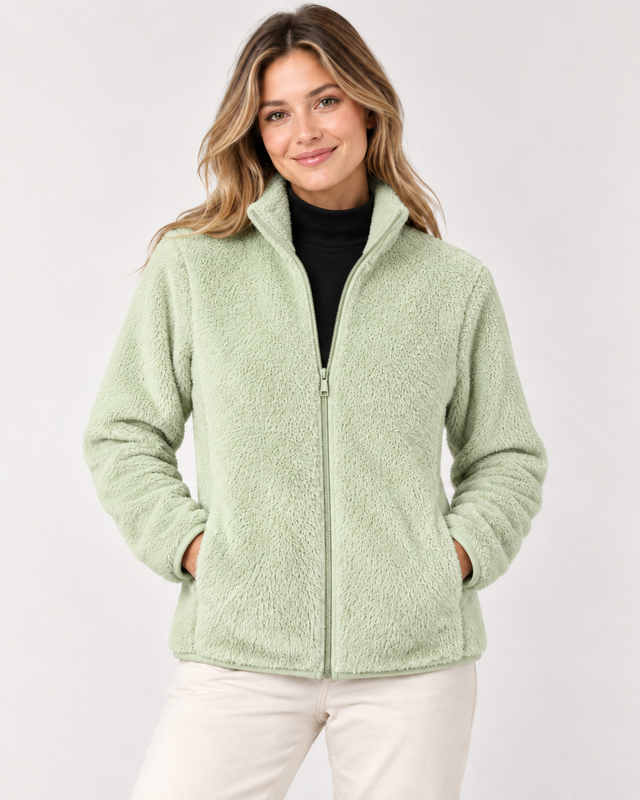 Women's Green Fur Fleece Full-Zip Jacket with High Neck & Side Pockets