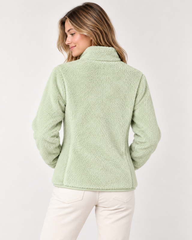 Women's Green Fur Fleece Full-Zip Jacket with High Neck & Side Pockets