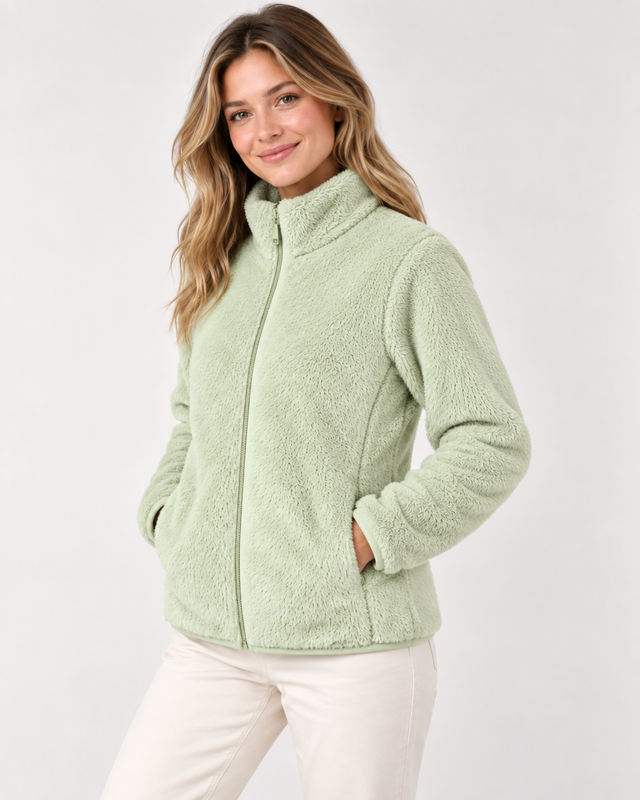 Women's Green Fur Fleece Full-Zip Jacket with High Neck & Side Pockets