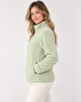 Women's Green Fur Fleece Full-Zip Jacket with High Neck & Side Pockets