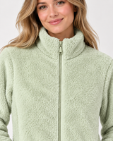 Women's Green Fur Fleece Full-Zip Jacket with High Neck & Side Pockets