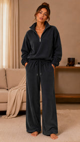 BodyComfy Women’s Polar Fleece deep grey Half-Zip Sweatshirt & Wide-Leg Jogger Set