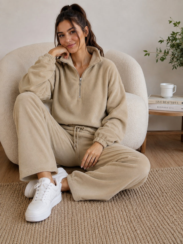 BodyComfy Women’s Polar Fleece Beige Half-Zip Sweatshirt & Jogger Set