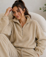 BodyComfy Women’s Polar Fleece Beige Half-Zip Sweatshirt & Jogger Set