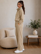 BodyComfy Women’s Polar Fleece Beige Half-Zip Sweatshirt & Jogger Set