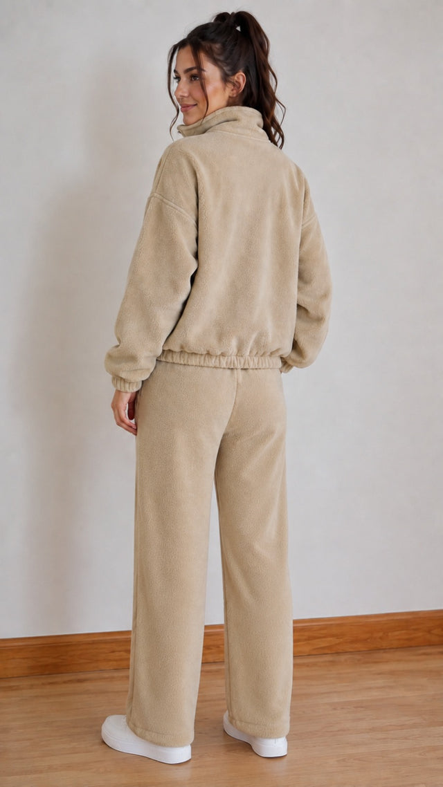 BodyComfy Women’s Polar Fleece Beige Half-Zip Sweatshirt & Jogger Set