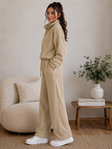 BodyComfy Women’s Polar Fleece Beige Half-Zip Sweatshirt & Jogger Set