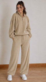 BodyComfy Women’s Polar Fleece Beige Half-Zip Sweatshirt & Jogger Set