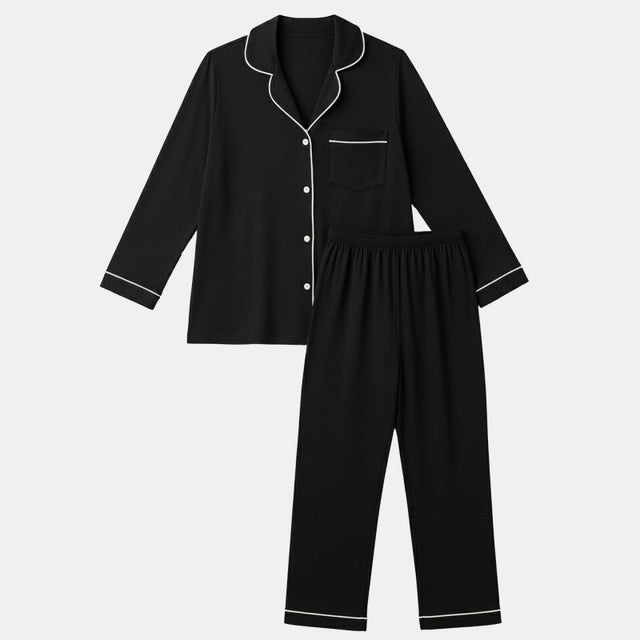 Women Collared Button Front Night Suit Black Solid - Bodycare