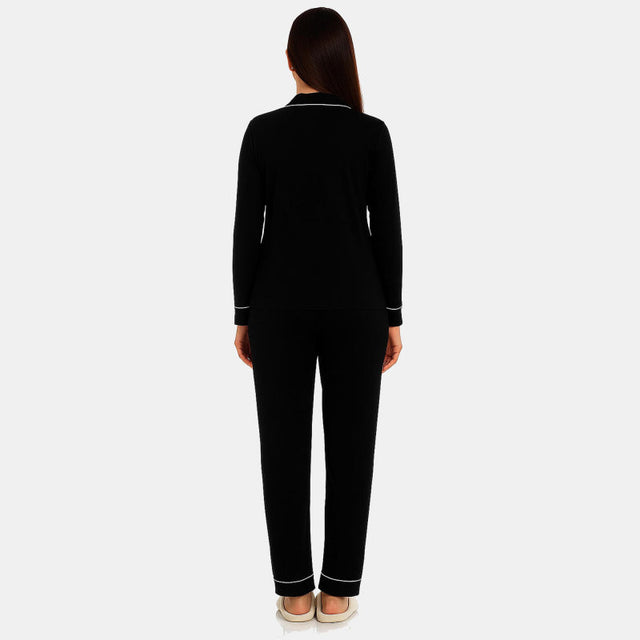 Women Collared Button Front Night Suit Black Solid - Bodycare