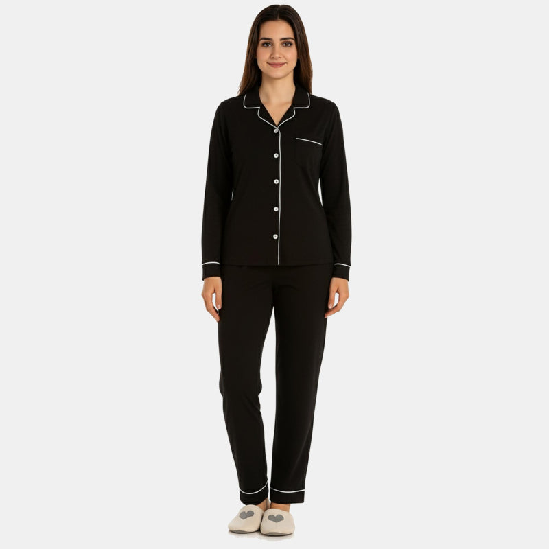 Women Collared Button Front Night Suit Black Solid - Bodycare