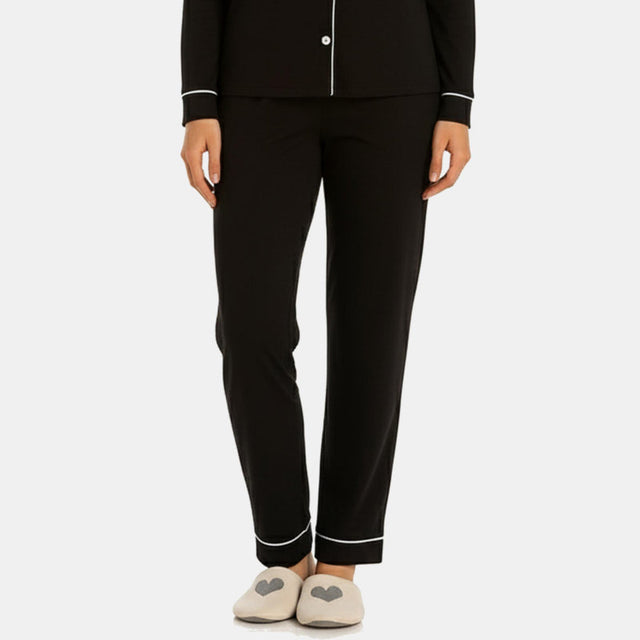Women Collared Button Front Night Suit Black Solid - Bodycare