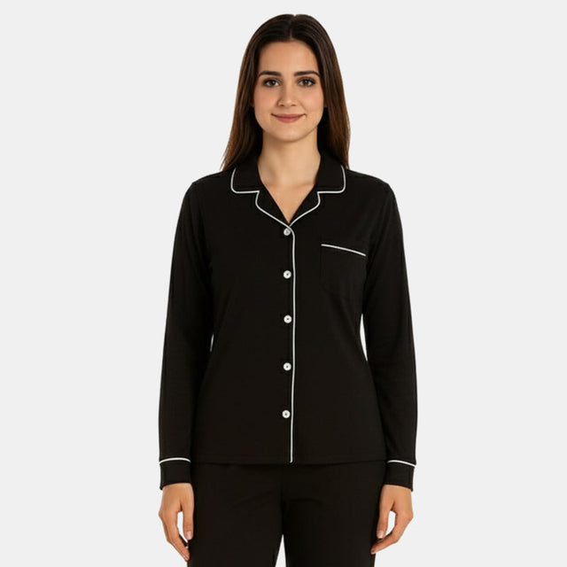 Women Collared Button Front Night Suit Black Solid - Bodycare