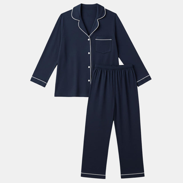 Women Collared Button Front Solid Night Suit Navy - Bodycare