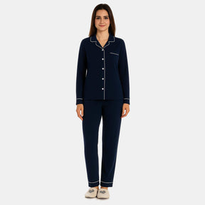 Women Collared Button Front Solid Night Suit Navy - Bodycare