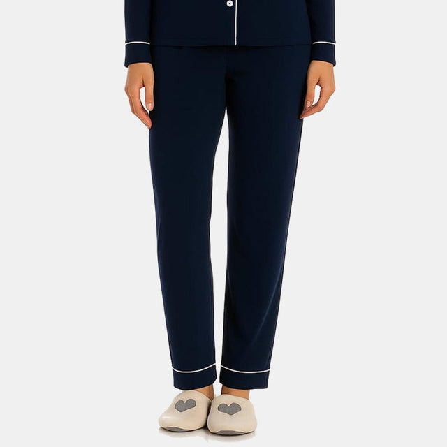 Women Collared Button Front Solid Night Suit Navy - Bodycare