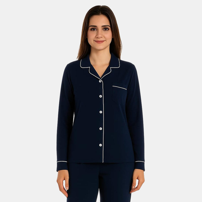 Women Collared Button Front Solid Night Suit Navy - Bodycare