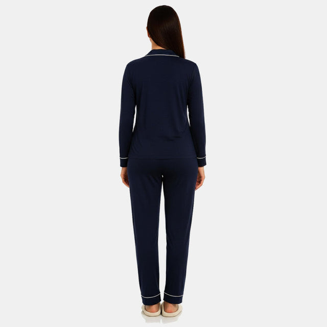 Women Collared Button Front Solid Night Suit Navy - Bodycare