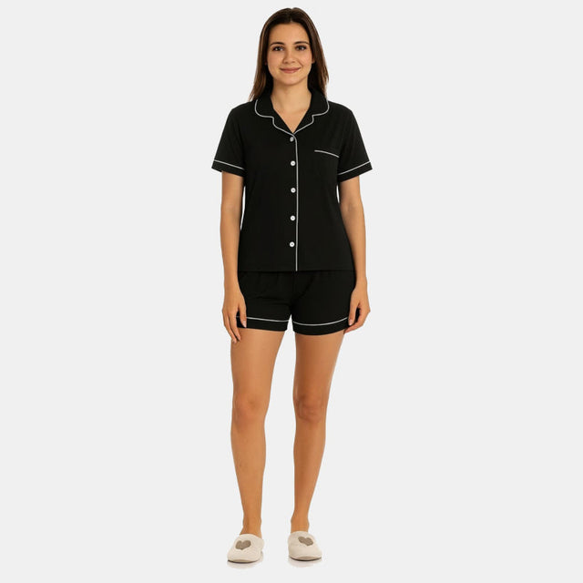 Women Front Button Shorts Night Suit Black Solid - Bodycare