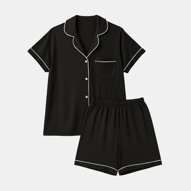 Women Front Button Shorts Night Suit Black Solid - Bodycare