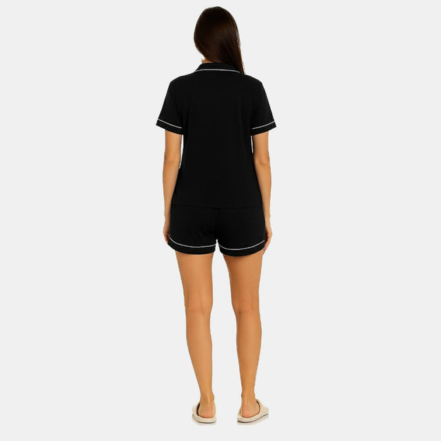 Women Front Button Shorts Night Suit Black Solid - Bodycare