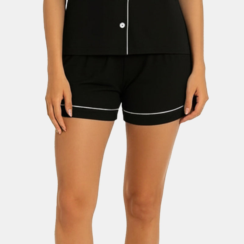 Women Front Button Shorts Night Suit Black Solid - Bodycare
