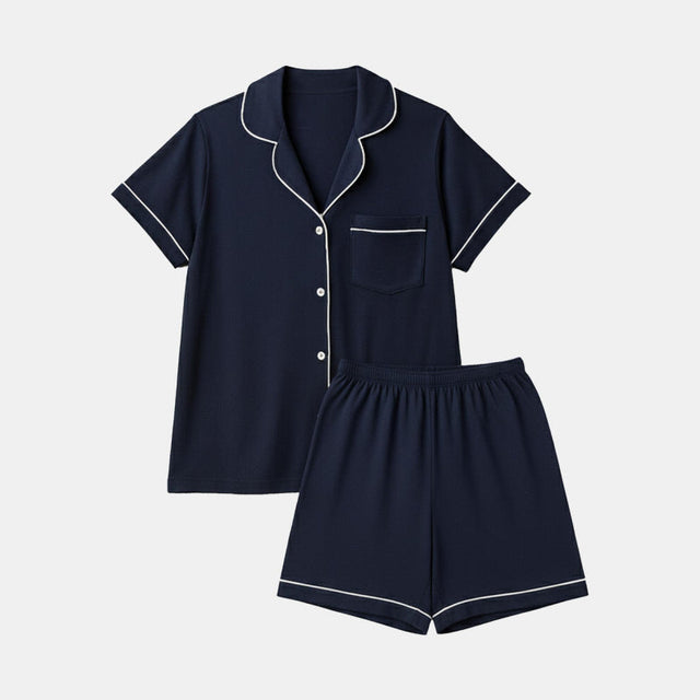 Women Front Button Shorts Solid Night Suit Navy - Bodycare