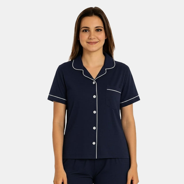 Women Front Button Shorts Solid Night Suit Navy - Bodycare