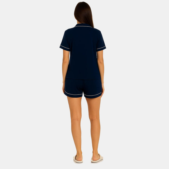 Women Front Button Shorts Solid Night Suit Navy - Bodycare