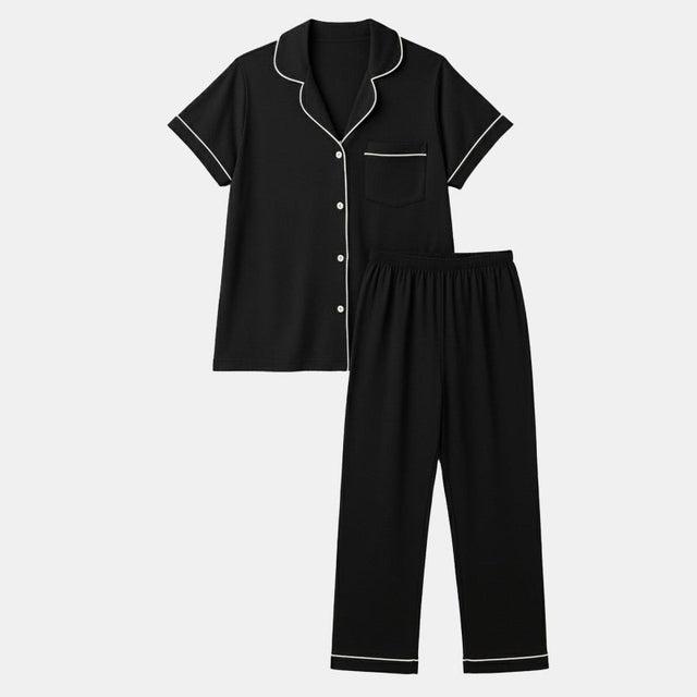Women Half Sleeve Collared Solid Night Suit Black - Bodycare