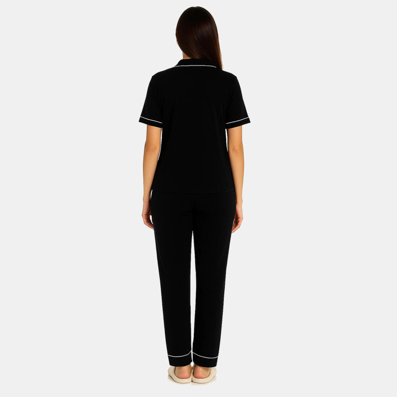 Women Half Sleeve Collared Solid Night Suit Black - Bodycare