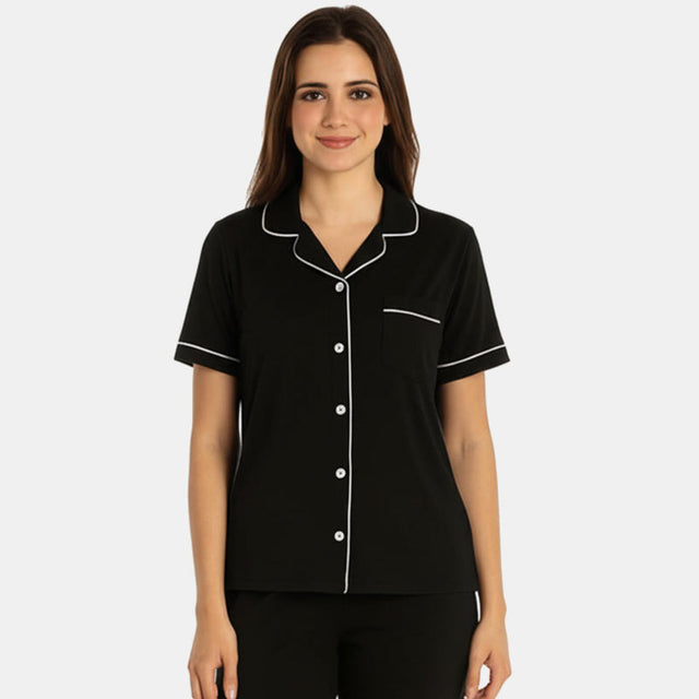 Women Half Sleeve Collared Solid Night Suit Black - Bodycare