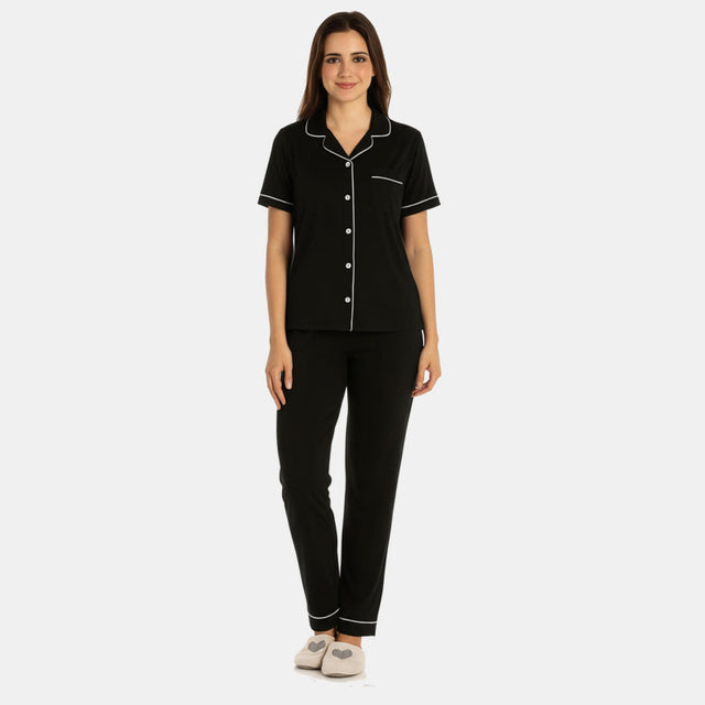 Women Half Sleeve Collared Solid Night Suit Black - Bodycare