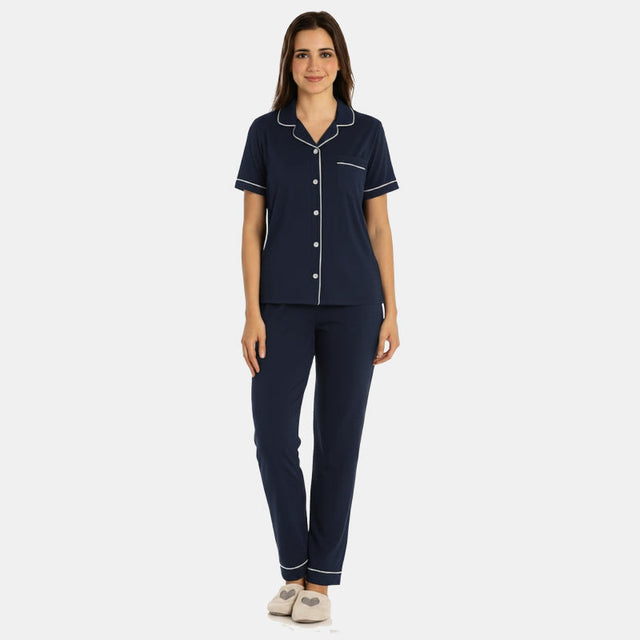 Women Half Sleeve Collared Solid Night Suit Navy - Bodycare