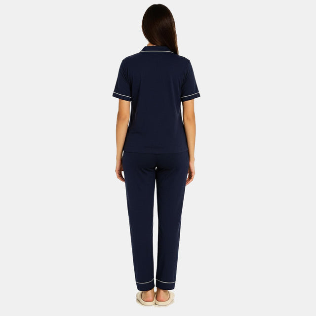 Women Half Sleeve Collared Solid Night Suit Navy - Bodycare