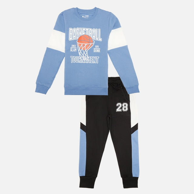 Boys French Terry Clothing Set with Printed Full Sleeve T-Shirt and Pajama for Casual Wear and Easy Movement