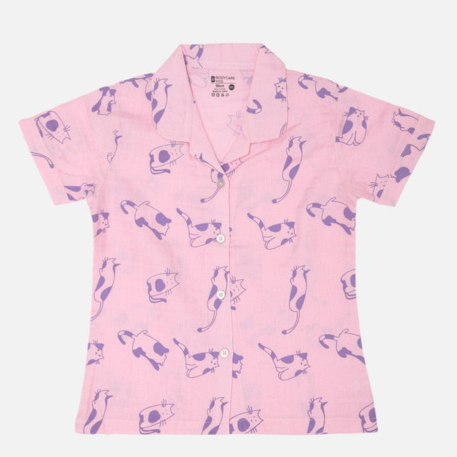 Girls Half Sleeve Night Suit with Round Neck, Pockets and Top-Bottom Set for Sleepwear and Lounge Comfort