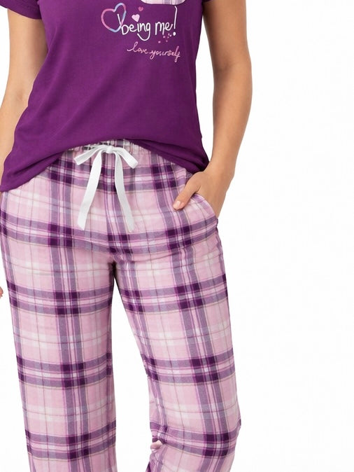 Bodycomfy Women's Printed 100% Cotton Spandex Night Suit - Checked Print Pyjamas with Solid T-Shirt in Orchid