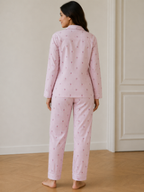Bodycomfy Women's Cotton Spandex Collared Full Sleeves Night Suit with Pink Flower for Lounge Wear, Sleepwear and Relaxed Everyday Comfort