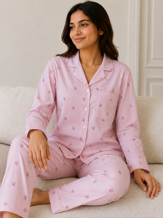 Bodycomfy Women's Cotton Spandex Collared Full Sleeves Night Suit with Pink Flower for Lounge Wear, Sleepwear and Relaxed Everyday Comfort
