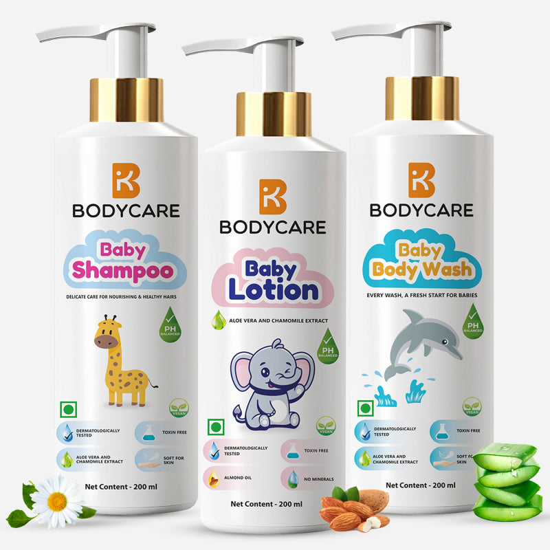 Baby Skin Care Range Combo Pack of 3 Shampoo, Lotion & Body Wash 200ml Each - Bodycare