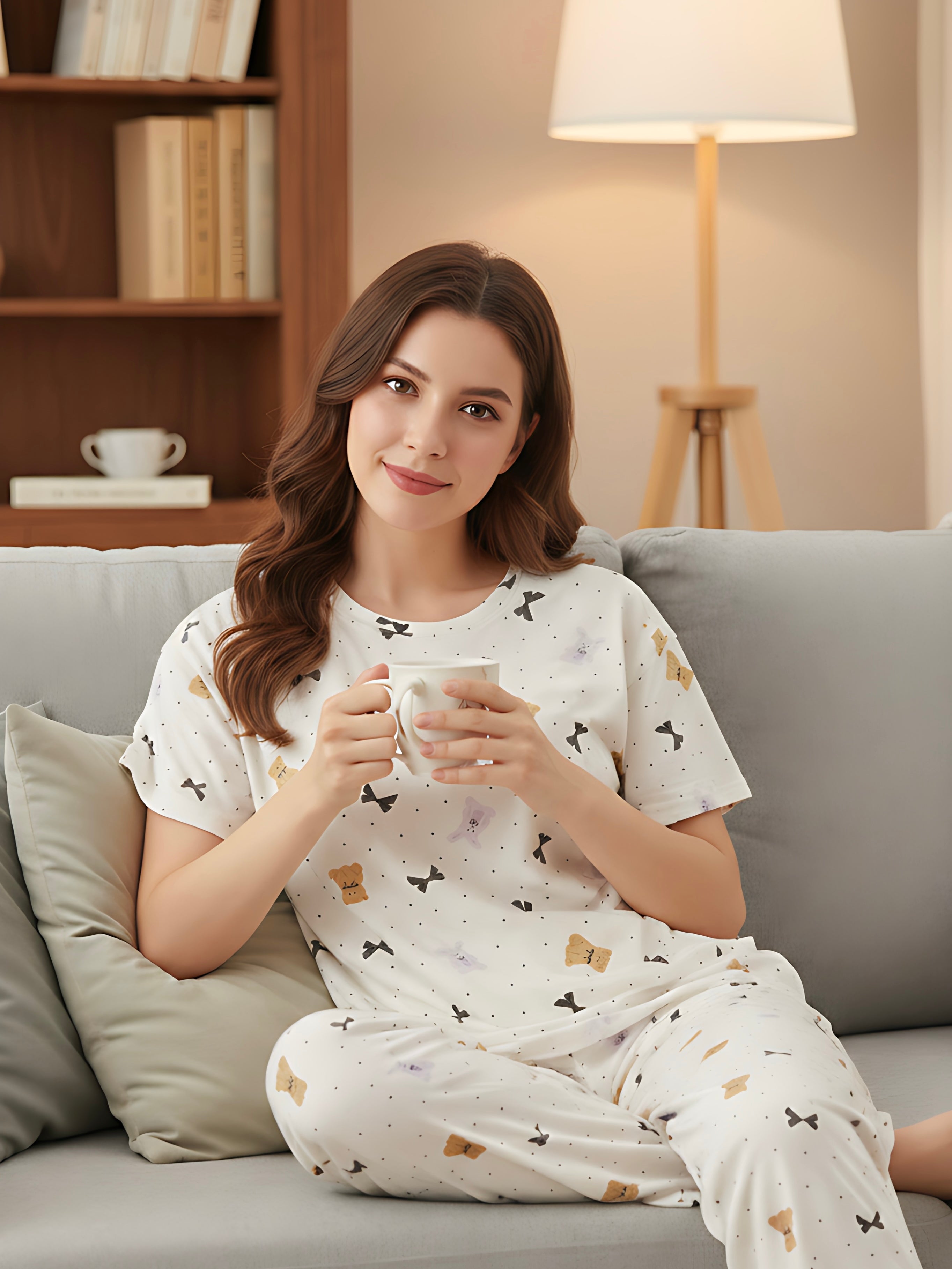 Bodycomfy Women's Printed Soft Cloud Night Suit - Irish Cream With Teddy Print