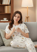 Women Printed Soft Cloud Night Suit Set with Round Neck Top and Pyjama for Comfortable Sleepwear and Lounge Wear
