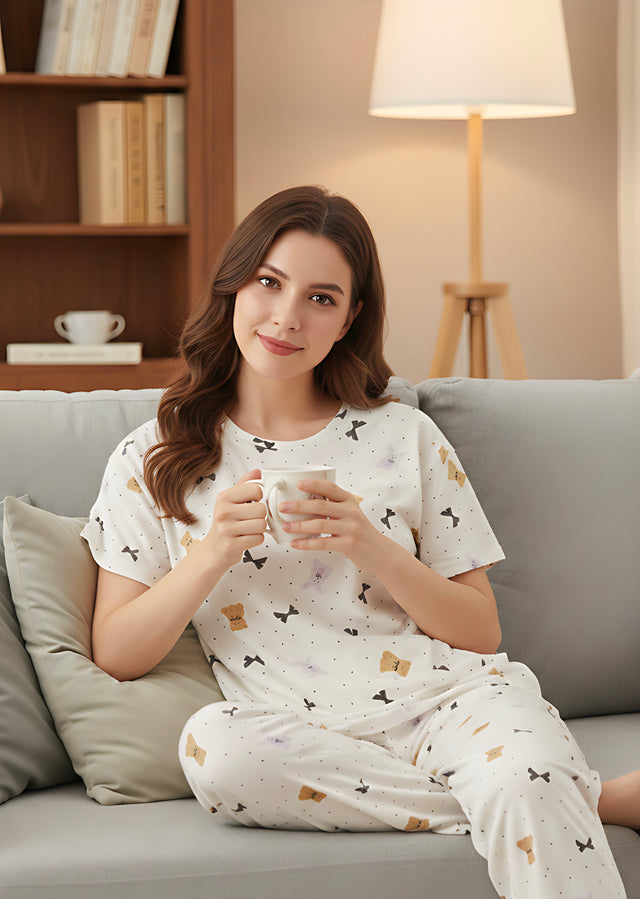 Women Printed Soft Cloud Night Suit Set with Round Neck Top and Pyjama for Comfortable Sleepwear and Lounge Wear