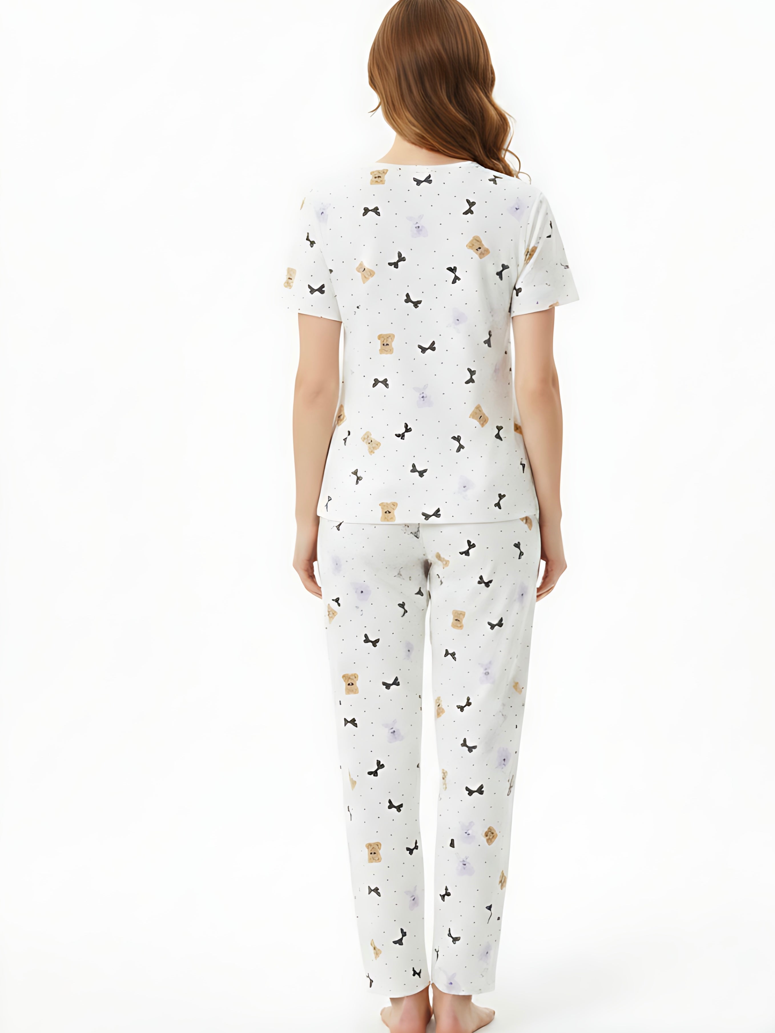 Bodycomfy Women's Printed Soft Cloud Night Suit - Irish Cream With Teddy Print